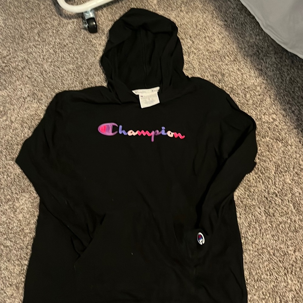 Black Champion hoodie with colorful writing size M worn about once